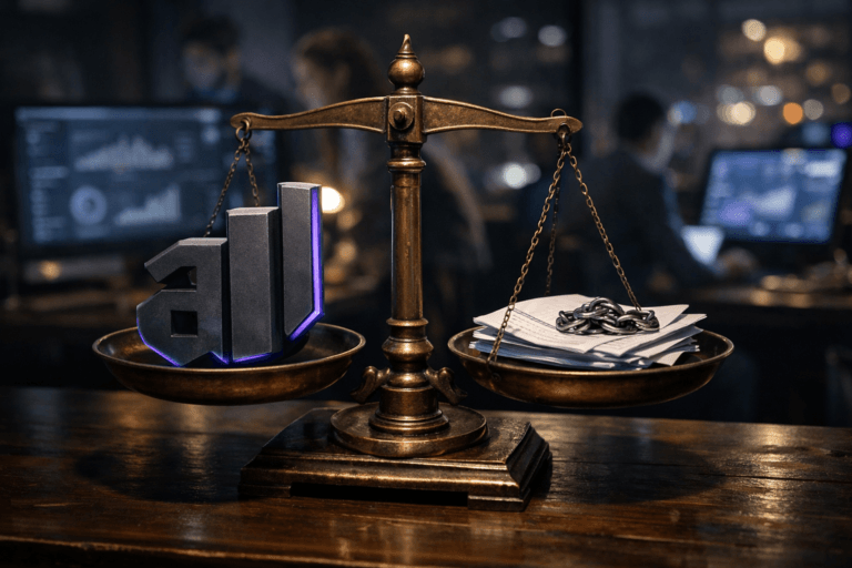 A photorealistic medium-wide cinematic shot, camera positioned approximately 1–2 meters from the subject, capturing a solid 3D sculpture of the official Ahrefs logo, accurately rendered, as a chunky geometric object resting on one pan of an old brass two-plate balance scale on a dark wooden desk, the logo made of matte dark metal with subtle electric-purple (#7B63FF) edge accents suggesting intelligent digital activity, clearly readable within a realistic environment. The other pan of the scale holds a small stack of printed SEO reports, notes, and a few metal chain-link pieces symbolizing backlinks, hinting at weighing opportunities and strategy. The scene is set in a modern tech marketing office at night with a subtle control-room atmosphere, large computer monitors in the mid-ground softly glowing with blurred analytics dashboards and graphs, city lights and faint reflections visible through a window, and a diverse group of professionals in the background working and conferring around laptops, kept out of focus so they remain secondary to the Ahrefs logo and scale. Lighting is low-key and practical, coming from the computer screens, a desk lamp, and a cool window glow, complemented by a soft integrated white spotlight from above and slightly to the side that gently reveals the form, texture, and patina of the brass scale and the Ahrefs logo sculpture, adding crisp highlights and deep shadows for a subtle tech-noir mood. Neutral corporate tones dominate the room and furniture, with restrained electric-purple accents in screen reflections and keyboard backlights, natural shallow-to-medium depth of field isolating the hero object, 35mm–50mm cinematic look, premium materials, ultra-detailed, 8K, no captions, no text overlays, no watermarks.