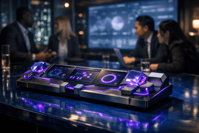 A photorealistic medium-wide cinematic shot, camera positioned approximately 1–2 meters from the subject, capturing a sleek AI governance control console as the hero object — a low rectangular board of geometric glass-crystal modules and matte metal, interconnected by subtle electric-purple #7B63FF light lines and embedded touchscreens with abstract, non-legible risk dials and audit visualizations — resting solidly on a glossy cobalt-blue glazed ceramic tabletop, clearly readable within a realistic environment. The object integrates subtle electric-purple accents indicating intelligence or activity without overpowering realism. Set in a tech-noir AI governance war room inside a modern digital bank headquarters at night, with large wall displays showing softly blurred analytics, glass walls reflecting city lights, and a diverse group of realistic professionals in suits and smart-casual attire slightly out of focus around the table and in the background, interacting naturally. Lighting is low-key and practical, coming from wall screens, desk lamps and table-edge LEDs, complemented by a soft integrated white spotlight from above and slightly to the side of the console, gently revealing form, texture, and depth on the crystal modules, ceramic surface and metal details. Cinematic realism, natural depth of field, 35mm lens look, premium materials, ultra-detailed, 8K, no captions, no legible text, no watermarks.