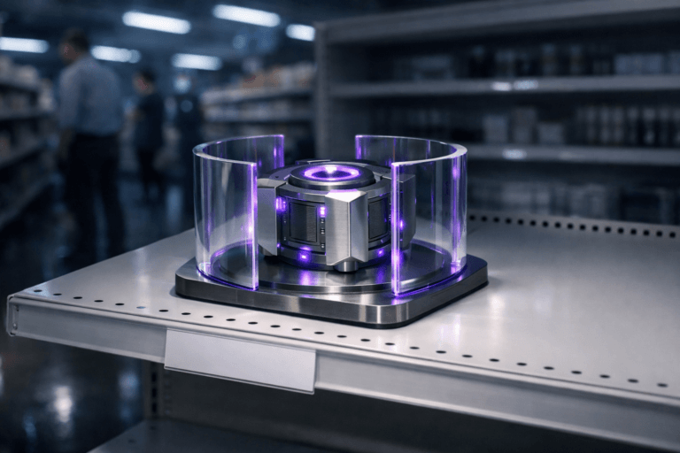 A photorealistic medium-wide cinematic shot, camera positioned approximately 1–2 meters from the subject, capturing a desktop-sized sculptural object made of semi-translucent protective glass barriers forming a circular perimeter around a compact metallic AI core device, inspired by clean 3D isometric geometry, presented like a premium compliance-technology product placed neatly on a pristine white supermarket gondola shelf with a simple, blank white price label on the edge, clearly readable within a realistic environment. The object integrates subtle electric-purple (#7B63FF) accents indicating intelligence or activity without overpowering realism, with a faint purple glow emanating from the AI core and softly reflected along the inner edges of the translucent barriers. Set in a modern supermarket aisle at night with white gondola shelving receding into the background, cool bluish ambient light from overhead fixtures, and distant shoppers and store staff in business-casual clothing softly out of focus in the background and periphery, creating a grounded yet Tech-Noir mood through pockets of shadow, cool reflections on the polished floor, and restrained neon-purple highlights on metal and glass surfaces. Lighting is low-key and practical, complemented by a soft integrated white spotlight from above and slightly to the side of the hero object, gently revealing form, texture, and depth of the glass barriers, metallic core, and shelf details while letting the surrounding aisle fall into moody contrast. Cinematic realism, 50mm lens, natural depth of field with the hero object in sharp focus and the humans and shelves subtly blurred, neutral corporate color palette with gray, white, and muted blues accented by controlled electric-purple glows, premium materials, ultra-detailed, 8K, no text overlays, no watermarks.