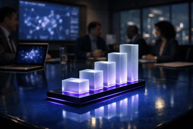 A photorealistic medium-wide cinematic shot, camera positioned approximately 1–2 meters from the subject, capturing a sleek physical “AI maturity staircase” desk sculpture with illuminated steps — each step a solid frosted-glass block rising in a precise isometric 3D formation — placed on a glossy cobalt-blue vitrified ceramic surface in the center of a conference table, clearly readable within a realistic environment. The object integrates subtle electric-purple (#7B63FF) accents, with thin LED lines glowing beneath each step and a faint inner glow along the edges, indicating intelligence and progression without overpowering realism. Set in a dim, late-evening corporate compliance war-room in a modern high-rise office, with hints of a futuristic city skyline through blurred windows, large wall-mounted screens and laptops showing abstract AI network graphs and governance dashboards (no readable text), and a small diverse group of professionals in suits and smart-casual attire positioned around the table in the background and periphery, softly out of focus, engaged in quiet discussion and analysis. Lighting is low-key and practical, coming from the cool glow of the screens and discreet ceiling fixtures, complemented by a soft integrated white spotlight from above that gently skims across the glass steps and cobalt ceramic surface, revealing fine reflections, micro-textures, and depth. Cinematic realism, natural shallow-to-medium depth of field, 35mm lens look, premium materials, subtle tech-noir color palette with cool neutrals and restrained electric-purple accents, ultra-detailed, 8K, no text, no captions, no watermarks.