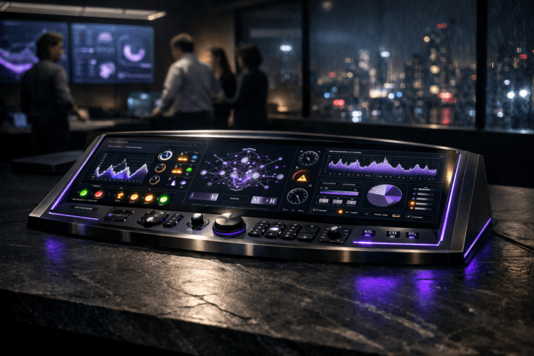 A photorealistic medium-wide cinematic shot, camera positioned approximately 1–2 meters from the subject, capturing a sleek executive AI observability command console as the hero object: a premium glass-and-metal control panel physically embedded into a natural black slate tabletop, styled like an aircraft cockpit dashboard with multiple softly glowing, finely detailed indicators, graphs and warning lights that evoke real-time AI model monitoring and compliance status, clearly readable within a realistic environment. The object integrates subtle electric-purple #7B63FF light accents along its edges, buttons and indicator halos, suggesting intelligence and continuous analysis without overpowering the neutral corporate materials and overall realism. Set in a dim, high-end AI operations and compliance control room at night, with dark slate work surfaces, matte black equipment, large wall-mounted screens showing abstracted data visualizations, and a panoramic glass window revealing a distant, slightly rainy tech-noir cityscape with muted neon reflections; a small group of diverse professionals in business-casual attire move and collaborate in the background and periphery, slightly out of focus, occasionally glancing at the central console and wall screens. Lighting is low-key and practical, coming from the console itself, a few overhead strip lights and distant city glow, complemented by a soft integrated white spotlight from above and slightly to the side, gently revealing the form, texture and depth of the slate surface, glass controls and metallic edges while keeping the background moody and atmospheric. Cinematic realism, natural shallow-to-medium depth of field, 35–50mm lens look, premium materials, ultra-detailed, 8K, subtle tech-noir color palette with restrained electric-purple accents, no text, no captions, no watermarks.