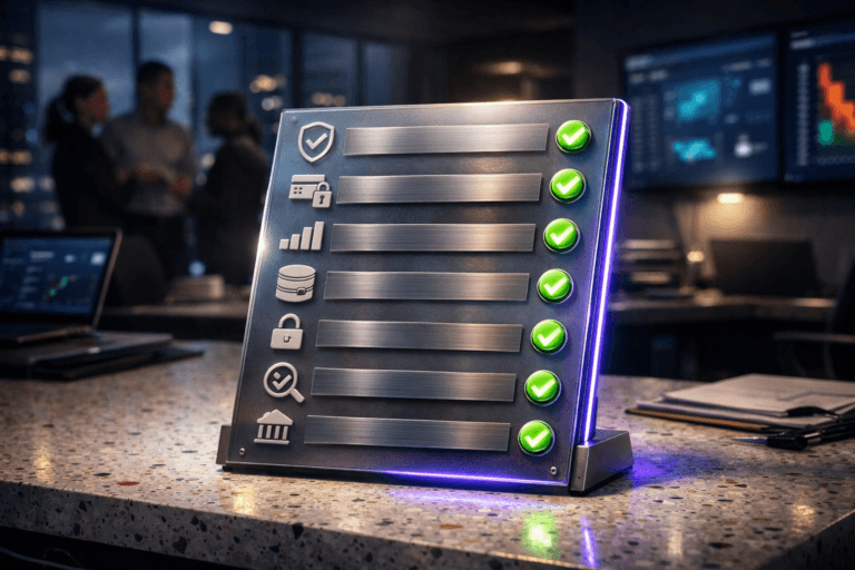 A photorealistic medium-wide cinematic shot, camera positioned approximately 1–2 meters from the subject, capturing a solid tridimensional compliance checklist object: a sleek, slightly tilted frosted-glass and brushed-metal board with raised checklist rows and minimal iconography, each item represented by small circular LED seals that light up as approved, resting on a white terrazzo (granilite) desktop with small multicolored stone chips, symbolizing structured AI readiness in compliance, authentication & access, metrics, data, encryption, audit, and governance, clearly readable within a realistic environment and with no visible written text. The object integrates subtle electric-purple #7B63FF accents indicating intelligence or activity without overpowering realism, with the active seals and a thin edge glow along the board emitting a restrained neon-style light. Set in a dimly lit, modern corporate compliance and data-governance war room at night, high-floor office with glass walls revealing a moody city skyline, large wall-mounted screens and laptops showing soft-focus analytics dashboards and AI readiness heatmaps, cable-managed devices and neatly arranged paperwork around the terrazzo surface, all in neutral greys, deep blues, and charcoal tones with restrained neon reflections, with natural human presence in the background or periphery: a small, diverse group of professionals in business and smart-casual attire, slightly out of focus, standing and discussing around another workstation, their faces calm and concentrated, secondary to the checklist object. Lighting is low-key and practical, coming from desk lamps, computer monitors, and the city glow, complemented by a soft integrated white spotlight from above and slightly to the side, gently revealing the form, texture, and depth of the frosted glass, metal edges, terrazzo surface, and subtle fingerprints and micro-scratches, with natural shallow-to-medium depth of field and a 35–50mm cinematic lens feel. Cinematic realism, natural depth of field, premium materials, ultra-detailed, 8K, no captions, no text overlays, no watermarks, no identifiable brand logos.