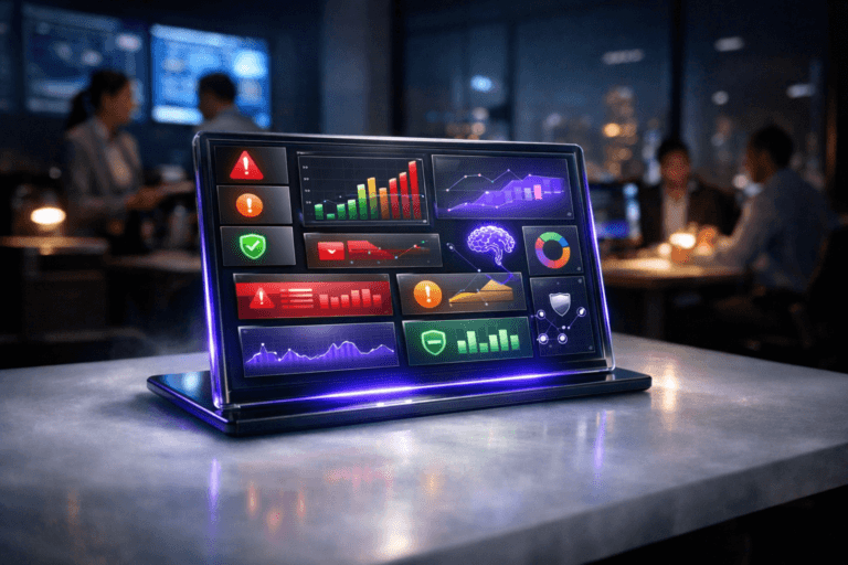 A photorealistic medium-wide cinematic shot, camera positioned approximately 1–2 meters from the subject, capturing a sleek AI risk management dashboard as the hero object: a premium glass tablet-style screen resting on a smooth, solid white frosted-glass tabletop that subtly resembles dry ice, its 3D isometric interface displaying layered panels with color-coded risk alerts and status tiles organized in clear vertical levels, all conveyed through shapes, graphs and icons with no legible text, clearly readable within a realistic environment. The object integrates subtle electric-purple (#7B63FF) accents in its UI highlights and edge glow to indicate intelligence and activity without overpowering the neutral corporate palette. Set in a dim, tech-noir corporate command room at night, with large wall-mounted monitors and a distant city skyline visible through a glass wall, soft blue ambient light from screens mixing with sparse warm desk lamps; a few diverse professionals in business-casual attire are softly out of focus in the background, collaborating around other workstations, providing natural human presence in the periphery while keeping the dashboard dominant. Lighting is low-key and practical, with the room primarily lit by screens and a soft integrated white spotlight from above gently grazing the hero device and the white “dry-ice” tabletop surface, revealing realistic reflections, subtle texture, and depth. Cinematic realism, 35mm lens look, natural shallow-to-medium depth of field, premium materials, ultra-detailed, 8K, no captions, no text overlays, no watermarks.