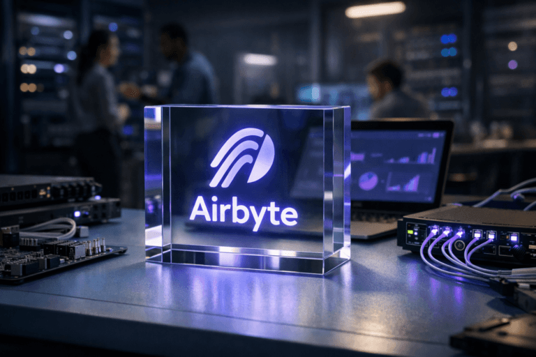 A photorealistic medium-wide cinematic shot, camera positioned approximately 1–2 meters from the subject, capturing a solid physical 3D isometric acrylic block on a light-blue anti-static hardware lab bench, the official Airbyte logo precisely engraved and illuminated within the block, clearly readable and subtly glowing, surrounded by neatly arranged circuit boards, network switches, and organized data cables that echo subtle electric-purple #7B63FF accents to indicate data flow and intelligence without overpowering realism; a slim laptop just behind the block shows an Airbyte interface with abstract dashboards and charts (no legible text), reinforcing the brand in a natural way. Set in a dim, modern hardware and data engineering lab at night, with server racks and large monitors along the walls, cool bluish ambient light mixing with soft neon reflections for a restrained Tech-Noir mood, and a few diverse engineers in casual-professional attire in the background and periphery, slightly out of focus as they collaborate over equipment and screens. Lighting is low-key and practical, coming from monitors, desk lamps, and equipment LEDs, complemented by a soft integrated white spotlight from above and slightly to the side of the Airbyte logo block, gently revealing form, texture, and depth on the acrylic, metal, and plastic surfaces. Cinematic realism, natural shallow-to-medium depth of field, 35mm–50mm lens look, neutral corporate color palette with controlled electric-purple accents, premium materials, ultra-detailed, 8K, no captions, no text overlays, no watermarks.