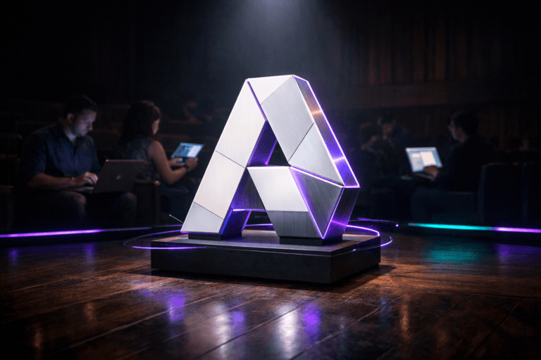 A photorealistic medium-wide cinematic shot, camera positioned approximately 1–2 meters from the subject, capturing a large physical 3D Alchemer logo sculpture as the hero object, accurate official branding, built from matte white and brushed metal panels with clean geometric facets reminiscent of isometric design, standing solidly at the center of a dark wooden theater stage on a low pedestal, with subtle electric-purple #7B63FF edge lighting and thin light traces suggesting flowing survey data, clearly readable within a realistic environment. The object integrates subtle electric-purple accents indicating intelligence or activity without overpowering realism. Set in a contemporary Tech-Noir theater environment with rich dark wooden floorboards, deep-shadowed audience seating, discreet neon-purple and cool teal accent strips along the stage edge, and a few out-of-focus marketing and CX professionals seated in the front rows working on open laptops and tablets that cast soft screen glow, suggesting a Brazilian startup team monitoring live survey dashboards. Lighting is low-key and practical, complemented by a soft integrated white spotlight from above that pools around the Alchemer logo sculpture and grazes the stage texture, with additional faint fill from laptop screens and subtle side lights, gently revealing form, texture, and depth. Cinematic realism, natural depth of field, premium materials, ultra-detailed, 8K, no captions, no text overlays, no watermarks.