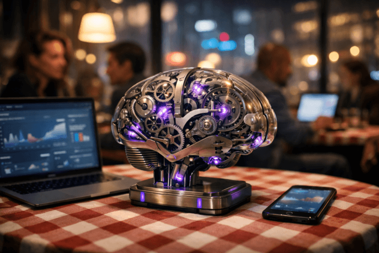 A photorealistic medium-wide cinematic shot, camera positioned approximately 1–2 meters from the subject, capturing a realistic tabletop-sized mechanical brain sculpture made of brushed metal and glass with clearly visible interlocking gears, designed as a smart ad-optimization device resting on a classic checkered restaurant tablecloth beside a slim laptop and smartphone showing softly blurred analytics dashboards, clearly readable within a realistic environment. The object integrates subtle electric-purple accents indicating intelligence or activity without overpowering realism. Set in a contemporary urban restaurant at night with a tech-noir atmosphere, large windows revealing soft neon city lights outside, other diners and a few diverse marketing professionals in business-casual attire in the background or at neighboring tables, slightly out of focus as they converse and glance at their screens, reinforcing a lived-in, real-world setting. Lighting is low-key and practical, coming from warm hanging lamps and screen glow, complemented by a soft integrated white spotlight from above or the side, gently revealing form, texture, and depth. Cinematic realism, natural depth of field, premium materials, ultra-detailed, 8K, 35mm lens look, no text, no captions, no watermarks.