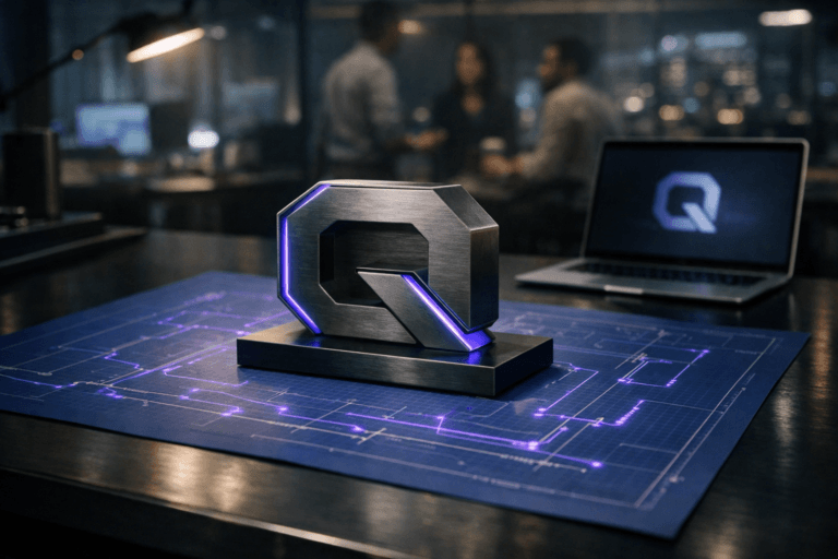 A photorealistic medium-wide cinematic shot, camera positioned approximately 1–2 meters from the subject, capturing a solid 3D isometric desk sculpture of the official Alibaba Qwen logo resting on a large blue engineering blueprint sheet carefully spread across a sleek dark office table, the Qwen logo clearly visible on the front face of the sculpture and subtly repeated on a nearby laptop screen in the background, all elements clean, premium and physically plausible. The object integrates subtle electric-purple (#7B63FF) accents indicating intelligence and activity through fine luminous edge reflections and delicate neon-like circuit lines printed on the blueprint around it, without overpowering the neutral corporate palette of charcoal, soft grays and cool blues. Set in a moody Tech-Noir AI operations lab at night, a real-world open-plan office with glass walls, softly glowing monitors, a distant city skyline outside the windows, and a few diverse professionals in smart-casual attire collaborating in the background and periphery, slightly out of focus so the Qwen logo sculpture and blueprint remain the clear hero. Lighting is low-key and practical, coming from desk lamps, monitor glow and a soft integrated white spotlight from above and slightly to the side, gently revealing the form, texture and depth of the 3D logo, the fine grid of the blueprint paper and the brushed-metal tabletop. Cinematic realism, natural shallow-to-medium depth of field, premium materials, ultra-detailed, 8K, no captions, no text overlays, no watermarks.