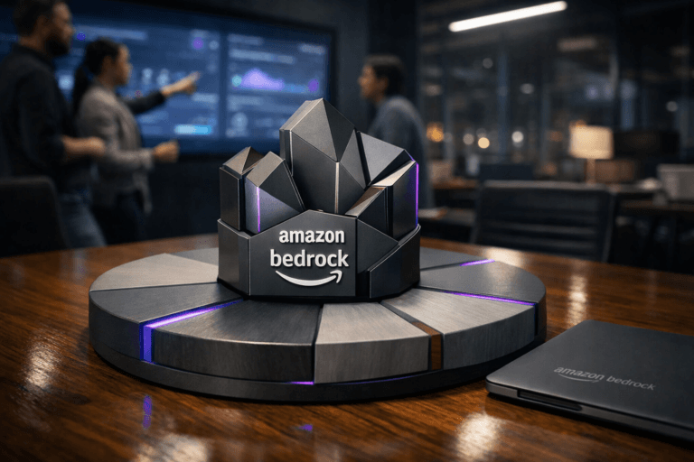 A photorealistic medium-wide cinematic shot, camera positioned approximately 1–2 meters from the subject, capturing a solid, real-world 3D sculpture of the official Amazon Bedrock logo as the hero object, crafted in premium matte metal and smoked glass, its geometric, isometric-inspired facets rising from the center of a large physical wooden pie chart. The pie chart is made of painted wooden segments in neutral corporate tones (charcoal, soft gray, muted teal), with a few segments subtly accented by electric purple #7B63FF in thin inlays and edge details to indicate intelligence and activity without overpowering realism. The Amazon Bedrock logo is clearly visible and crisply printed on the front face of the sculpture, and appears again more subtly on the lid of a nearby closed laptop, both integrated naturally into the scene. The sculpture and chart rest on a real wooden conference table with visible grain and reflections. Set in a modern, low-lit cloud-operations war room in a contemporary tech office at night, with glass walls, a city skyline faintly visible outside, and large wall-mounted screens in the background showing soft-focus dashboards and data visualizations with cool blue and purple glows, all text intentionally unreadable. A diverse group of tech professionals stands and sits around the table in the background and periphery, slightly out of focus, engaged in discussion and pointing toward the screens and the chart, their posture candid and professional. Lighting is low-key and practical, coming from the wall screens, a slim overhead linear LED, and a desk lamp off to the side, complemented by a soft integrated white spotlight from above that gently sculpts the Bedrock logo sculpture and wooden pie chart, revealing form, texture, and depth, with subtle electric-purple edge light catching on the logo’s facets and table reflections. Cinematic realism, 35mm lens look, natural shallow-to-medium depth of field, slight lens bloom on highlights, premium materials, ultra-detailed, 8K, no captions, no UI elements, no text overlays, no watermarks.