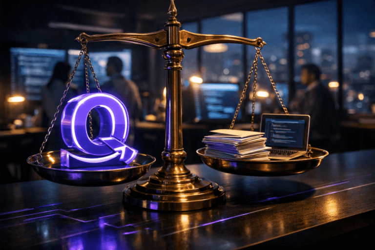 A photorealistic medium-wide cinematic shot, camera positioned approximately 1–2 meters from the subject, capturing an antique brass balance scale on a sleek dark workstation, one plate holding a solid 3D acrylic sculpture featuring the official Amazon Q logo rendered as a tangible isometric object with crisp edges and subtle internal glow, the logo clearly visible and sharply in focus, while the opposite plate carries softly blurred stacks of printed code and a compact laptop, all clearly readable within a realistic environment. The object integrates subtle electric-purple #7B63FF accents indicating intelligence or activity without overpowering realism, with faint neon reflections along the polished brass, hints of purple circuitry-like lines on the desk surface, and a gentle luminous edge around the Amazon Q logo sculpture. Set in a modern Tech-Noir AWS-style development office at night, with large windows revealing a moody city skyline, multiple monitors casting cool blue and purple interface light, and a few diverse developers in the softly out-of-focus background collaborating around screens and whiteboards at the room’s periphery. Lighting is low-key and practical, coming from desk lamps, monitor glow, and a soft integrated white spotlight from above that grazes the brass scale and Amazon Q logo from the side, gently revealing form, texture, and depth in the metal, glass, and acrylic surfaces. Cinematic realism, natural depth of field, premium materials, ultra-detailed, 8K, no text overlays, no captions, no watermarks.