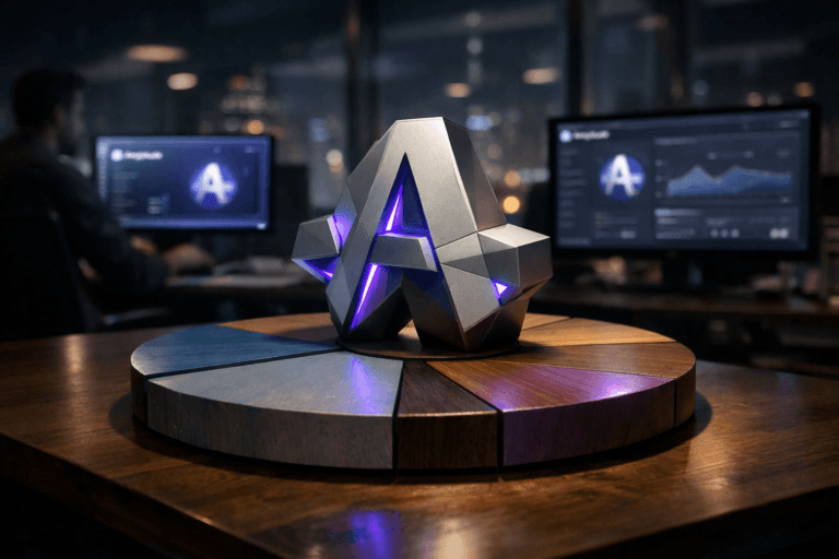 A photorealistic medium-wide cinematic shot, camera positioned approximately 1–2 meters from the subject, capturing a solid, 3D desk sculpture in the shape of the official Amplitude logo with clean isometric facets, mounted at the center of a tactile wooden pie chart composed of painted segments resting on the tabletop, clearly readable within a realistic environment. The object integrates subtle electric-purple accents indicating intelligence or activity without overpowering realism. Set in a dimly lit, glass-walled analytics war room in a modern tech company at night, overlooking a city skyline with subtle neon reflections from screens and building lights, neutral-toned furniture, and multiple computer monitors softly glowing with Amplitude product and marketing dashboards that repeat the official logo in the UI, with natural human presence in the background or periphery. Lighting is low-key and practical, complemented by a soft integrated white spotlight from above or the side, gently revealing form, texture, and depth. Cinematic realism, natural depth of field, premium materials, ultra-detailed, 8K, no text overlays, no captions, no watermarks.