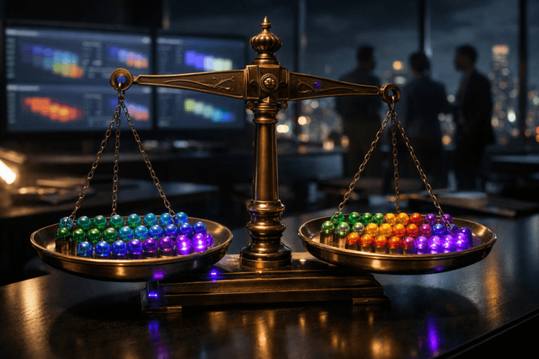 A photorealistic medium-wide cinematic shot, camera positioned approximately 1–2 meters from the subject, capturing an antique brass balance scale on a sleek dark office desk, each plate carefully arranged with groups of glossy colored glass spheres aligned in precise timeline-like rows, like strands of pearl necklaces representing different customer cohorts and retention curves, the spheres highly tactile and clearly readable as the central hero object. The object integrates subtle electric-purple (#7B63FF) accents, with a few spheres and soft reflections on the brass edges gently glowing to indicate intelligent, real-time analysis without overpowering realism. Set in a modern Tech-Noir corporate analytics war room at night, with floor-to-ceiling windows revealing a moody city skyline, and multiple large monitors in the background softly displaying blurred cohort heatmaps and dashboards, while a diverse group of data professionals stands and collaborates in the periphery, slightly out of focus. Lighting is low-key and practical, coming from desk lamps, monitor glow, and a soft integrated white spotlight from above that grazes the brass scale and glass spheres, revealing fine textures, reflections, and depth. Cinematic realism, natural shallow-to-medium depth of field, neutral corporate tones with restrained electric-purple neon accents, premium materials, ultra-detailed, 8K, no captions, no on-screen legible text, no watermarks.