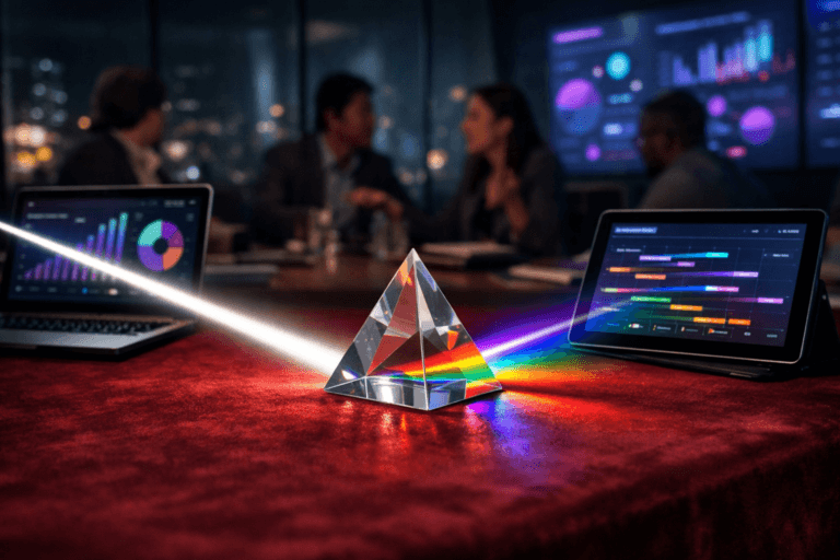 A photorealistic medium-wide cinematic shot, camera positioned approximately 1–2 meters from the subject, capturing a crystal glass prism placed on a rich red velvet-covered conference table, a focused beam of white light passing through it and splitting into a clean, organized spectrum of colors that lands across nearby laptop and tablet screens displaying abstract competitive analytics dashboards and product roadmaps (no readable text), clearly readable within a realistic environment. The object integrates subtle electric-purple #7B63FF accents in the refracted light and UI highlights, indicating intelligence and live data activity without overpowering realism. Set in a dimly lit corporate product-strategy war room at night, with glass walls hinting at a blurred city skyline and large wall-mounted screens showing soft neon-toned data visualizations, with natural human presence in the background or periphery — diverse product managers and analysts in business-casual attire softly out of focus around the table, gesturing and discussing. Lighting is low-key and practical, coming from screens, a distant window glow, and a soft integrated white spotlight from above that gently reveals the prism’s facets, the velvet texture, and the sleek tech devices, adding depth and subtle Tech-Noir atmosphere. Cinematic realism, natural shallow-to-medium depth of field, premium materials, ultra-detailed, 8K, no captions, no text overlays, no watermarks.