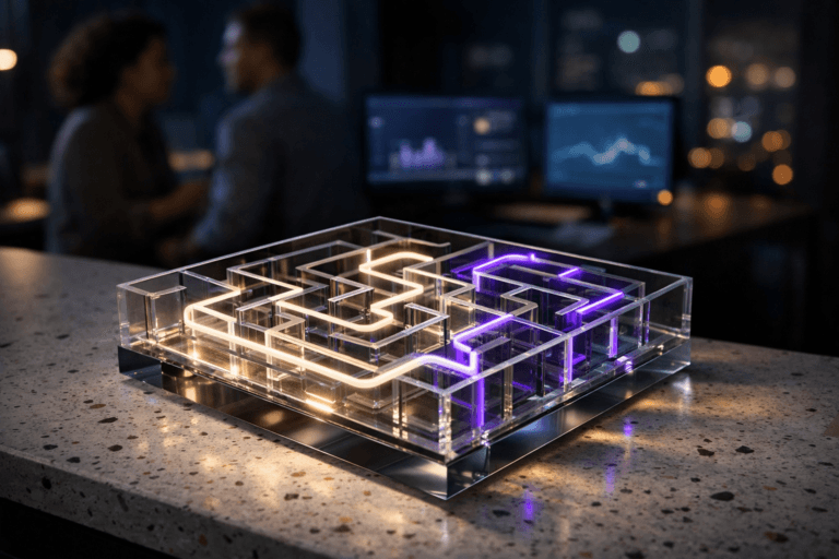 A photorealistic medium-wide cinematic shot, camera positioned approximately 1–2 meters from the subject, capturing a sleek tabletop glass and acrylic labyrinth sculpture on a white granilite (terrazzo) surface with small colorful stone chips, where movement is visualized as precise glowing trails of light running through the maze in an elevated, slightly isometric perspective so the pattern is clearly readable, representing structured behavioral data and learning curves within a real clinical analytics context. The object integrates subtle electric-purple (#7B63FF) accents along a few key light paths and edges, indicating intelligence and data flow without overpowering the neutral, premium materials. Set in a contemporary psychology and behavioral analytics office at night in São Paulo, with a tech-noir mood: a minimalist desk, blurred computer monitors in the background softly displaying abstract dashboard-like graphics, and a large window revealing out-of-focus city lights; a diverse pair of professionals in business-casual attire appear in soft focus at the periphery, conversing and glancing toward the screens while remaining clearly secondary to the maze sculpture. Lighting is low-key and practical, coming from desk lamps, monitor glow and a soft integrated white spotlight from above and slightly to the side, gently revealing the form, transparency and texture of the glass labyrinth and terrazzo surface, with natural shallow-to-medium depth of field separating foreground and background. Cinematic realism, neutral corporate palette with restrained neon accents, premium materials, ultra-detailed, 8K, no text, no captions, no logos, no watermarks.