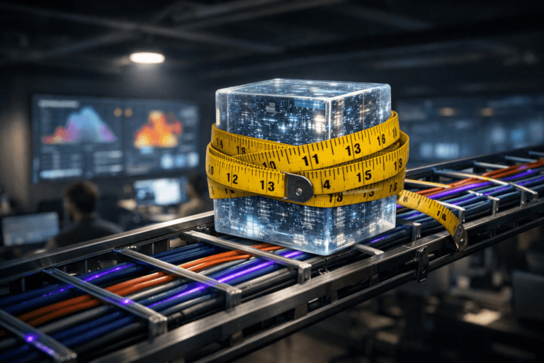 A photorealistic medium-wide cinematic shot, camera positioned approximately 1–2 meters from the subject, capturing a bright yellow measuring tape tightly coiled around a semi-translucent glass “data cube” resting on an overhead cable tray, the cube filled with faintly glowing circuit patterns and data-like layers to suggest AI-powered competitive analysis, clearly readable as the hero object. The measuring tape and cube sit on a neatly organized ladder-style cable management tray on the ceiling, packed with color-coded network cables running in parallel lines, each cable bundle subtly accented with thin threads of electric purple #7B63FF light to indicate intelligent data flow without overpowering the scene. Set in a modern tech-noir enterprise operations “war room” below the ceiling, with blurred, realistic marketing and analytics professionals working at desks and large wall-mounted dashboards in the background, screens showing abstract graphs and heatmaps with no legible text or logos. Lighting is low-key and practical, coming from the glow of the dashboards and a few overhead fixtures, complemented by a soft integrated white spotlight from the side that gently illuminates the cube and measuring tape, revealing their form, texture, and reflections while letting the room fall into moody shadows. Slightly low-angle perspective as if standing beneath the cable tray, 35mm lens look, natural shallow-to-medium depth of field isolating the hero object while keeping the war-room environment readable. Cinematic realism, neutral corporate tones with restrained neon purple accents, premium materials, ultra-detailed surfaces, subtle volumetric light, no captions, no text overlays, no watermarks, 8K.