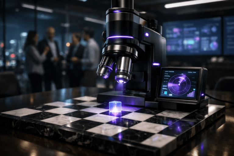 A photorealistic medium-wide cinematic shot, camera positioned approximately 1–2 meters from the subject, capturing a sleek black-and-steel electronic microscope as the hero object, standing on a polished black-and-white marble chessboard atop a conference table, its objective lens focused on a single glowing “data cell” sample represented as a tiny translucent cube of light on one of the chess squares, with a small adjacent display on the microscope showing a softly blurred competitive radar-style dashboard, all clearly readable within a realistic environment. The object integrates subtle electric-purple (#7B63FF) accents along indicator lights, trim details, screen glow, and the luminous data cell, indicating intelligence and real-time analysis without overpowering realism. Set in a dimly lit, glass-walled product war room at night inside a modern tech office, overlooking a moody futuristic city skyline with soft neon reflections; large wall-mounted screens in the background display out-of-focus analytics dashboards and feature matrices, while a small group of diverse, professionally dressed product managers and analysts are seen in the background and periphery, slightly out of focus, conversing and gesturing toward the screens and the table, providing natural human presence while keeping the microscope and chessboard as the main focal point. Lighting is low-key and practical, coming from the glow of screens, a few overhead linear LED fixtures, and a soft integrated white spotlight from above and slightly to the side that gently reveals the form, texture, and depth of the microscope, the marble chessboard, and the glowing data cell, casting realistic shadows across the chess squares to suggest strategic trade-offs. Cinematic realism, 35mm lens photographic look, natural shallow-to-medium depth of field, neutral corporate tones with restrained electric-purple and cool cyan neon accents, premium materials, ultra-detailed, 8K, no captions, no text overlays, no watermarks, no readable brand logos.