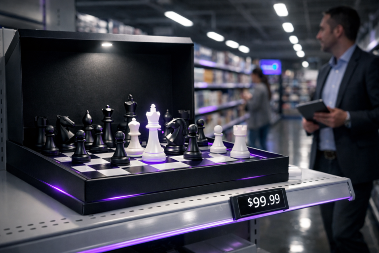 A photorealistic medium-wide cinematic shot, camera positioned approximately 1–2 meters from the subject, capturing a contemporary matte-black and white chess set with sleek geometric pieces arranged in a clear checkmate position on a polished board, boxed and presented as a premium strategic product on a pristine white supermarket gondola shelf with a small digital price tag at the edge of the shelf, clearly readable within a realistic environment. The object integrates subtle electric-purple accents indicating intelligence or activity without overpowering realism, with thin electric-purple #7B63FF lines tracing along the edges of the board and a faint inner glow in a few key pieces suggesting active data-driven decision-making. Set in a modern late-night supermarket aisle with long rows of white shelves receding into the distance, cool LED ceiling lights, glossy floor reflections, and restrained electric-purple accents in shelf-edge lighting and a small digital analytics screen at the end of the aisle, with natural human presence in the background or periphery as softly blurred shoppers and a business-casual marketer briefly glancing at the shelf while holding a tablet. Lighting is low-key and practical, complemented by a soft integrated white spotlight from above and slightly to the side, gently revealing form, texture, and depth on the chess pieces, packaging, and shelf surfaces. Cinematic realism, natural depth of field, premium materials, ultra-detailed, 8K, 35mm–50mm photographic look, no captions, no text overlays, no watermarks.