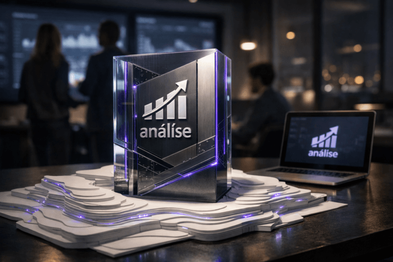 A photorealistic medium-wide cinematic shot, camera positioned approximately 1–2 meters from the subject, capturing a premium 3D isometric sculpture of the Análise logo as the hero object, rendered as a solid glass-and-metal data monolith with clean edges, subtle engravings and interface-like patterns, clearly readable and resting on a physical white topographic map made of layered, precisely cut paper sheets forming contour lines and elevation levels. The Análise logo appears realistically integrated on the front face of the 3D object and discretely on a nearby laptop screen, with fine electric-purple (#7B63FF) edge lighting and faint circuit-like accents running along the paper layers to indicate data intelligence and activity without overpowering realism. Set in a modern tech-noir marketing analytics war room at night, a real-world office with a dark conference table, large wall-mounted screens softly showing blurred dashboards and KPI charts, and a diverse group of marketing analysts in the background and periphery, standing and seated, naturally collaborating and looking at the screens, slightly out of focus so the logo sculpture and paper topographic map remain the clear focal point. Lighting is low-key and practical, coming from the wall screens, a few desk lamps and a city glow through a distant window, complemented by a soft integrated white spotlight from above and slightly to the side, gently revealing the form, texture and depth of the 3D logo object and the layered paper terrain. Cinematic realism, 35mm lens look, natural shallow-to-medium depth of field, neutral corporate palette with restrained electric-purple neon reflections, premium materials, ultra-detailed, 8K, no captions, no text overlays or watermarks beyond the subtle Análise logo itself.
