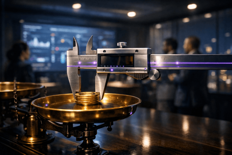 A photorealistic medium-wide cinematic shot, camera positioned approximately 1–2 meters from the subject, capturing a precision stainless-steel caliper measuring the thickness of a single gold coin resting on the brass pan of an old two-pan balance scale, placed on a dark polished conference table, clearly readable within a realistic environment. The object integrates subtle electric-purple (#7B63FF) accents along fine LED-like indicator lines on the caliper and faint reflections on the metal surfaces, indicating intelligence or analytical activity without overpowering realism. Set in a modern corporate analytics war room at night, with glass walls hinting at a distant city skyline and a large wall-mounted screen in the background softly displaying out-of-focus marketing dashboards and KPI charts in cool neutral tones with restrained neon highlights, with a small group of diverse business professionals in suits and smart-casual attire in the background or periphery, naturally interacting and observing the screen while remaining secondary to the hero object. Lighting is low-key and practical, coming from overhead recessed office fixtures and the glow of the screen, complemented by a soft integrated white spotlight from above and slightly to the side of the caliper, coin, and balance scale, gently revealing form, texture, and depth in the metals and tabletop while allowing the background to fall subtly into shadow. Cinematic realism with a subtle Tech-Noir mood, natural shallow-to-medium depth of field, premium materials, ultra-detailed, 8K, no captions, no text overlays, no watermarks.