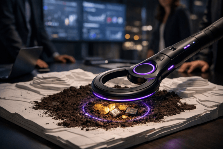 A photorealistic medium-wide cinematic shot, camera positioned approximately 1–2 meters from the subject, capturing a sleek modern handheld metal detector in the foreground, its circular sensor head hovering over a patch of dark soil embedded into a large white layered paper topographic map model spread across a matte black conference table, with a small cluster of partially unearthed gold coins and metallic data-chip–like artifacts glowing faintly where the detector points, clearly readable within a realistic environment. The object integrates subtle electric-purple accents indicating intelligence or activity without overpowering realism, such as a thin luminous ring on the detector’s digital display and a delicate pulse of light around the detected treasure. Set in a modern Tech-Noir corporate war room at night, with glass walls, a suggestion of city lights outside, and large wall-mounted screens in the background softly showing blurred real-time analytics dashboards and graphs, with a diverse team of marketing and data professionals in the background and periphery, standing or leaning over the table, naturally posed and slightly out of focus. Lighting is low-key and practical, coming from the glow of the wall screens, discreet desk lamps and table-edge LED strips, complemented by a soft integrated white spotlight from above that gently reveals form, texture, and depth in the metal detector, soil, and layered paper map, adding subtle reflections on nearby laptops and devices. Cinematic realism, natural shallow-to-medium depth of field, 35mm lens look, neutral corporate color palette with restrained electric-purple #7B63FF accents, premium materials, ultra-detailed, 8K, no text, no captions, no watermarks.