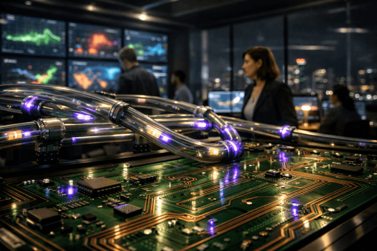 A photorealistic medium-wide cinematic shot, camera positioned approximately 1–2 meters from the subject, capturing a sleek network of transparent pneumatic tubes mounted above a large, table-height circuit-board-inspired demand-analytics console as the hero object, with glowing data capsules rushing through the tubes and the console surface designed like an oversized green PCB with copper traces, all clearly readable within a realistic high-tech workspace. The object integrates subtle electric-purple #7B63FF accents pulsing along tube junctions and key PCB pathways to indicate intelligence and real-time activity without overpowering realism. Set in a dim tech-noir operations command center for real-time demand analysis, overlooking a modern city at night through large glass windows, with a wall of large dashboards and monitors showing abstract graphs and heatmaps with no legible text, and a diverse group of professionals in smart-casual attire in the background and periphery, including a female operations manager glancing between the screens and the console, captured candidly. Lighting is low-key and practical, coming from monitor glow, discreet ceiling strips and a few desk lamps, complemented by a soft integrated white spotlight from above that gently reveals the glass tubes, metallic fittings, and PCB textures, adding depth and subtle reflections. Cinematic realism, 35mm lens look, natural shallow-to-medium depth of field, neutral corporate palette with restrained neon greens and electric-purple accents, premium materials, ultra-detailed, 8K, no text, no captions, no watermarks.