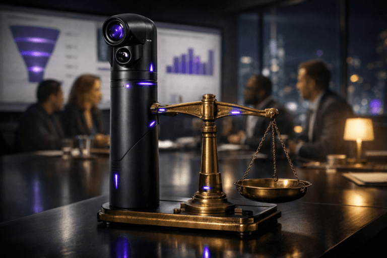 A photorealistic medium-wide cinematic shot, camera positioned approximately 1–2 meters from the subject, capturing a sleek, matte-black submarine-style periscope device emerging vertically from a smooth dark surface and mounted on one side of an antique brass balance scale resting on a modern conference-room table, the periscope optics, brass textures, and metal details sharply rendered, with subtle electric-purple (#7B63FF) light accents running as slim lines and indicator glows along the periscope and scale to suggest active, data-driven marketing intelligence and precise performance measurement, clearly readable within a realistic environment. The object integrates subtle electric-purple accents indicating intelligence or activity without overpowering realism. Set in a dimly lit, glass-walled corporate marketing war room at night, with large wall-mounted screens in the background displaying abstract, text-free analytics dashboards, funnel visualizations, and benchmarks in neutral corporate tones with restrained electric-purple highlights, a diverse group of realistic marketing professionals softly out of focus around the table and near the screens, engaged in candid discussion and decision-making, with hints of a futuristic city skyline and neon reflections outside the windows reinforcing a subtle Tech-Noir atmosphere. Lighting is low-key and practical, coming from the wall screens, a few table lamps, and a soft integrated white spotlight from above that gently reveals the periscope, the brass balance scale, and the tabletop, emphasizing form, texture, and depth while letting the background fall slightly into shadow. Cinematic realism, natural shallow-to-medium depth of field, premium materials, ultra-detailed, 8K, no text, no captions, no watermarks.