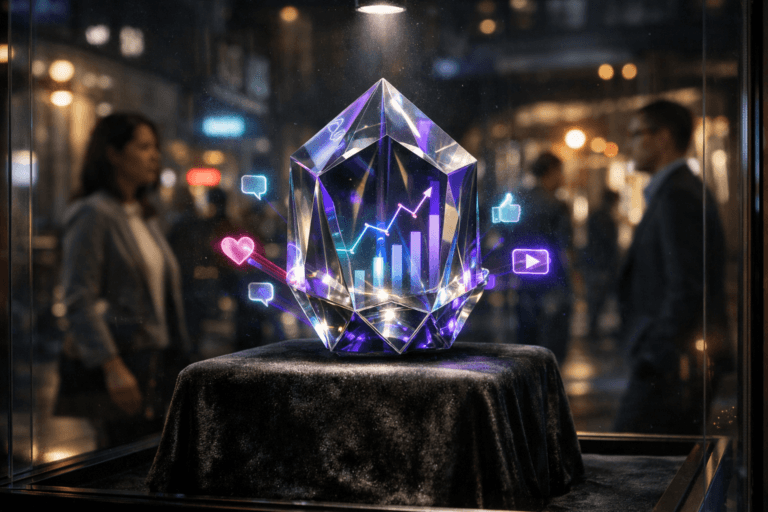 A photorealistic medium-wide cinematic shot, camera positioned approximately 1–2 meters from the subject, capturing a faceted glass prism as the hero object, a premium crystal data-core sculpture symbolizing data-driven social media performance analysis, resting on a dark velvet pedestal inside an illuminated storefront window display. The prism’s interior subtly refracts light into delicate, colorful streams that form small, recognizable yet stylized social media app glyphs and floating analytic graph shapes, the icons and data patterns appearing as projected light and reflections on the surrounding glass rather than flat graphics. The object integrates subtle electric-purple (#7B63FF) accents within the refracted light beams and along the prism’s edges, suggesting intelligent activity without becoming overly neon or unrealistic. Set in a Tech-Noir nighttime urban street environment seen through the shop window glass, with soft reflections of city lights and faint signage outside; blurred silhouettes of diverse pedestrians and a few professionals in business-casual attire walk past in the background, one person casually glancing at the window, providing natural human presence while keeping the prism as the clear focal point. Lighting is low-key and practical, coming from discrete spotlights inside the display case, ambient street lighting, and the glow of nearby storefronts, complemented by a soft integrated white spotlight from above that gently reveals the prism’s facets, the rich texture of the velvet pedestal, and the subtle dust and fingerprints on the glass, adding realism. Cinematic realism with a 35mm photographic look, shallow-to-medium natural depth of field that keeps the prism and pedestal tack-sharp while softly blurring the street and pedestrians, neutral corporate tones in the environment balanced by restrained electric-purple and cool cyan accents in reflections and light trails. Premium materials, ultra-detailed textures, subtle lens bloom and reflections, 8K resolution, cinematic, no text, no captions, no logos dominating the frame, no watermarks.