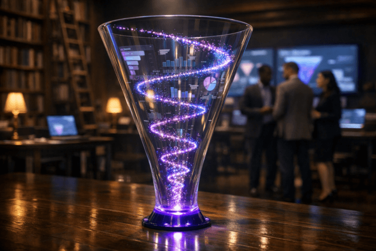 A photorealistic medium-wide cinematic shot, camera positioned approximately 1–2 meters from the subject, capturing a tall translucent glass funnel sculpture on a polished dark wooden floor, filled with softly glowing colored particles spiraling downward like data streams, the central hero object representing modern funnel analysis, with subtle reflections of a generic analytics dashboard on its surface, clearly readable within a realistic environment. The object integrates subtle electric-purple (#7B63FF) accents along the spiral flow and base, indicating intelligence and activity without overpowering realism. Set in a grand, dimly lit old library with high wooden bookshelves and rolling ladders, discreetly hybridized into a tech-noir analytics war room through a few sleek desks, laptops, and large wall-mounted screens in the background showing blurred funnel dashboards and charts with no readable text, with a small group of diverse professionals standing and conferring softly in the periphery, slightly out of focus. Lighting is low-key and practical, combining warm table lamps and cool monitor glow, complemented by a soft integrated white spotlight from above that gently highlights the glass funnel’s edges, the spiraling particles, and the grain of the wooden floor, revealing form, texture, and depth. Subtle atmospheric haze, neutral corporate tones contrasted with restrained neon blue and electric-purple accents, cinematic realism, natural shallow-to-medium depth of field, shot with a 50mm lens look, premium materials, ultra-detailed, 8K, no captions, no legible UI text, no watermarks.
