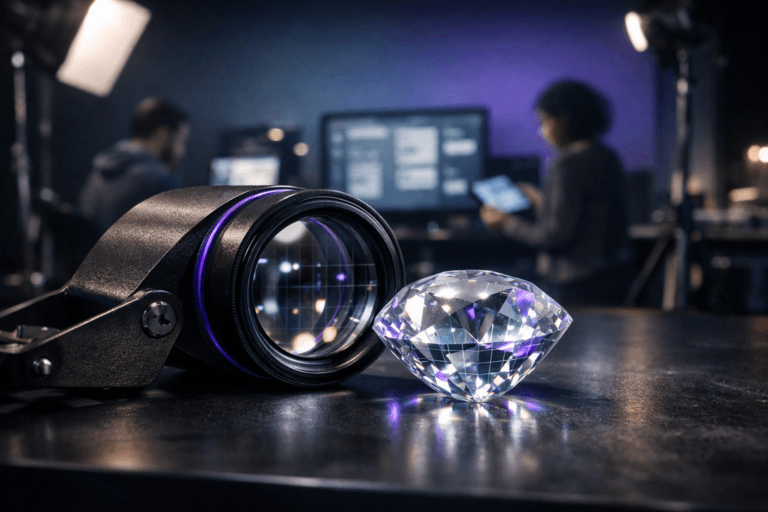 A photorealistic medium-wide cinematic shot, camera positioned approximately 1–2 meters from the subject, capturing a jeweler’s loupe carefully positioned over a faceted crystal-clear gemstone resting on a sleek dark worktable as the clearly readable hero object within a professional photography studio environment, with subtle interface-like reflections and faint gridlines shimmering inside the stone to metaphorically suggest UX heuristic analysis and AI-driven visual inspection. The object integrates subtle electric-purple #7B63FF accents indicating intelligence or activity without overpowering realism, such as a thin purple ring detail on the loupe housing and a faint violet sheen along select gemstone facets. Set in a real-world Tech-Noir photography studio with a colored seamless cyclorama backdrop fading from charcoal to deep indigo, visible light stands and softboxes, and softly glowing monitors in the background displaying slightly blurred product interface layouts, with natural human presence in the background or periphery in the form of diverse UX professionals casually reviewing designs on laptops and tablets, slightly out of focus and secondary to the loupe and gemstone. Lighting is low-key and practical, coming from studio softboxes, monitor glow, and a few overhead fixtures, complemented by a soft integrated white spotlight from above and slightly to the side, gently revealing form, texture, and depth in the metal loupe, gemstone facets, and worktable surface. Cinematic realism, natural depth of field, premium materials, ultra-detailed, 8K, no text, no captions, no watermarks.