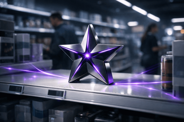 A photorealistic medium-wide cinematic shot, camera positioned approximately 1–2 meters from the subject, capturing a sleek physical five-pointed star-shaped smart device made of brushed metal and glass, resting prominently on a pristine white supermarket gondola shelf with clean price rails, the star clearly readable as the hero object; its surfaces subtly emit fine electric-purple #7B63FF light rays that travel outward along the shelf and between nearby products, hinting at data reach, engagement and ROI analysis while remaining fully realistic. The object integrates restrained electric-purple accents indicating intelligence or analytical activity without overpowering the neutral environment, with surrounding product packaging on adjacent shelves rendered in soft focus. Set in a contemporary tech-noir supermarket aisle at night, with glossy white shelving, cool overhead LED strips and a few softly glowing digital price tags creating a subtle futuristic atmosphere; a couple of diverse shoppers and a store employee appear naturally in the background and periphery, slightly blurred, candidly browsing and walking, adding believable human presence without stealing focus. Lighting is low-key and practical from ceiling fixtures and integrated shelf lights, complemented by a soft integrated white spotlight from above and slightly to the side that gently reveals the star’s form, texture, reflections and precise edges, casting controlled shadows on the white shelf and nearby items. Cinematic realism, natural shallow-to-medium depth of field, neutral corporate color palette with restrained neon purple accents, premium materials, ultra-detailed, 8K, no text, no watermarks.