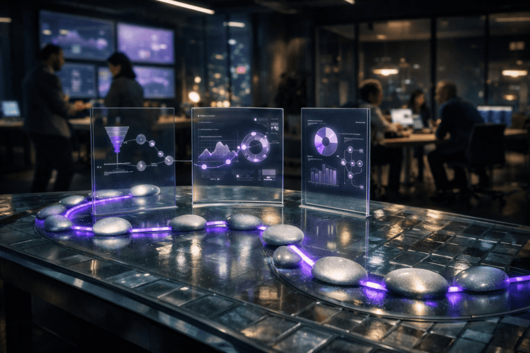 A photorealistic medium-wide cinematic shot, camera positioned approximately 1–2 meters from the subject, capturing a sleek interactive glass-brick tabletop installation as the hero object: a curving path of softly glowing, stone-like glass nodes embedded in the translucent surface, connecting several semi-transparent vertical glass panels that display abstract data visualizations and flow diagrams, clearly readable as a sophisticated customer journey analytics interface within a realistic environment. The object integrates subtle electric-purple (#7B63FF) accents along the illuminated path and within the panels, indicating intelligence and real-time activity without overpowering realism. Set in a dimly lit contemporary corporate innovation lab at night, with a translucent glass-brick floor, floor-to-ceiling windows revealing a blurred futuristic city skyline, and multiple large wall-mounted screens showing soft, abstract charts and dashboards with no legible text, with natural human presence in the background and periphery: a diverse group of professionals in smart casual business attire collaborating around secondary workstations and a glass-walled meeting room, captured in candid poses and neutral expressions. Lighting is low-key and practical, coming from desk lamps, overhead architectural strips, and the glow of screens, complemented by a soft integrated white spotlight from above and slightly to the side gently revealing the form, texture, and depth of the glowing path and glass bricks. Cinematic realism, natural shallow-to-medium depth of field, premium materials, ultra-detailed surfaces and reflections, subtle tech-noir atmosphere with restrained neon accents, 35mm lens look, 8K resolution, no captions, no text overlays, no watermarks, no identifiable real brands or logos.