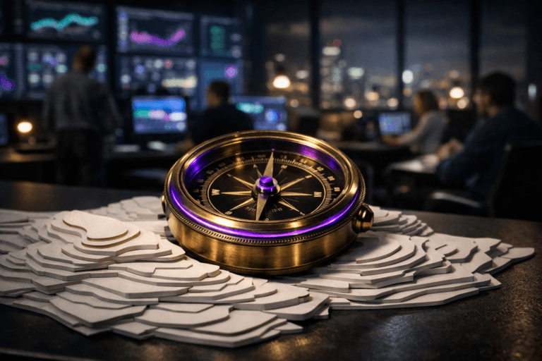 A photorealistic medium-wide cinematic shot, camera positioned approximately 1–2 meters from the subject, capturing an antique polished brass compass as the hero object, its needle locked on true north and set into a finely machined housing, resting on a physical white topographic map built from layered cut-paper contours spread across a dark matte operations desk in a modern observability war room, the compass and paper layers clearly readable within the scene. The object integrates subtle electric-purple (#7B63FF) accents indicating intelligence or activity, such as a faint electric-purple glow around the compass bezel and a slim inlaid ring on the needle cap, without overpowering realism. Set in a nighttime tech-noir SRE command center with floor-to-ceiling windows revealing a softly blurred city skyline, walls lined with large monitoring screens showing abstract graphs and dashboards of logs, metrics, and traces (no legible text), with a diverse group of professionals in the background and periphery, standing or seated in candid poses around workstations, slightly out of focus, collaborating quietly. Lighting is low-key and practical, coming from the cool glow of the monitors, a distant desk lamp, and complemented by a soft integrated white spotlight from above and slightly to the side that gently reveals the metallic sheen of the brass compass, the paper relief of the layered map, and the subtle reflections on nearby surfaces, adding depth without harsh shadows. Cinematic realism, natural shallow-to-medium depth of field, neutral corporate tones with restrained electric-purple neon accents, premium materials, ultra-detailed, 8K, no captions, no on-screen readable text, no watermarks.