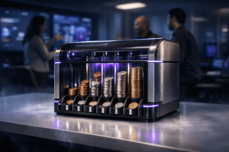 A photorealistic medium-wide cinematic shot, camera positioned approximately 1–2 meters from the subject, capturing an elegant, high-end automatic coin sorter device made of brushed metal and smoked glass, neatly organizing mixed coins into precise vertical stacks by size on its base, rendered as a real physical desktop analytics gadget that metaphorically represents structured product metrics and KPIs within a SaaS business context, clearly readable within a realistic environment. The object integrates subtle electric-purple (#7B63FF) accents indicating intelligence or activity without overpowering realism, with thin glowing lines along its edges and a faint inner glow within the transparent coin channels. Set in a dimly lit Tech-Noir SaaS product analytics war room at night, in a modern corporate office, the coin sorter resting on a long, smooth, solid white table that subtly evokes a frosted dry-ice surface with a very light, low mist, surrounded by large wall-mounted screens and glass walls softly reflecting abstract, out-of-focus dashboards and product graphs without any legible text. In the background, a small diverse group of realistic product managers and data analysts in smart-casual attire stand and sit around the table, gesturing naturally toward the screens and the device, slightly blurred so the coin sorter remains the hero object. Lighting is low-key and practical, coming from the cool glow of wall screens, a few overhead office panels, and a soft integrated white spotlight from the side gently revealing the metallic finish, glass transparency, and the orderly stacks of coins, with subtle neon purple and cool blue reflections adding a Tech-Noir mood. Cinematic realism, natural shallow-to-medium depth of field, premium materials, ultra-detailed surfaces and reflections, crisp focus on the device and coins, 35mm lens look, 8K, no captions, no text overlays, no watermarks.