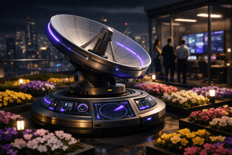 A photorealistic medium-wide cinematic shot, camera positioned approximately 1–2 meters from the subject, capturing a sleek, modern physical rotating radar dish on a low pedestal, its structure and control ring subtly designed like a UX metrics cockpit dashboard, with clean illuminated details and clear interfaces, clearly readable within a realistic environment. The object integrates subtle electric-purple (#7B63FF) accents along the radar’s sweeping arc, indicator lights, and thin data-like tracers in the air, indicating intelligence and continuous analysis without overpowering realism. Set in a nighttime corporate rooftop garden that feels like a stylized field of flowers: neatly organized beds of colorful, slightly geometric flowers arranged in low-poly–inspired clusters around the radar, glass railings revealing a moody tech-noir city skyline with soft neon reflections, and a few diverse product-team professionals in the background near a glass-walled war-room office with dimly glowing dashboards, all slightly out of focus. Lighting is low-key and practical, coming from discreet floor lamps, the ambient city glow, and interior office screens, complemented by a soft integrated white spotlight from above or from the side, gently revealing the radar’s form, metallic textures, and the petals of the closest flowers with natural shadows and depth. Cinematic realism, natural shallow-to-medium depth of field, premium materials, neutral corporate tones with restrained electric-purple neon accents, ultra-detailed, 8K, no captions, no text overlays, no watermarks.