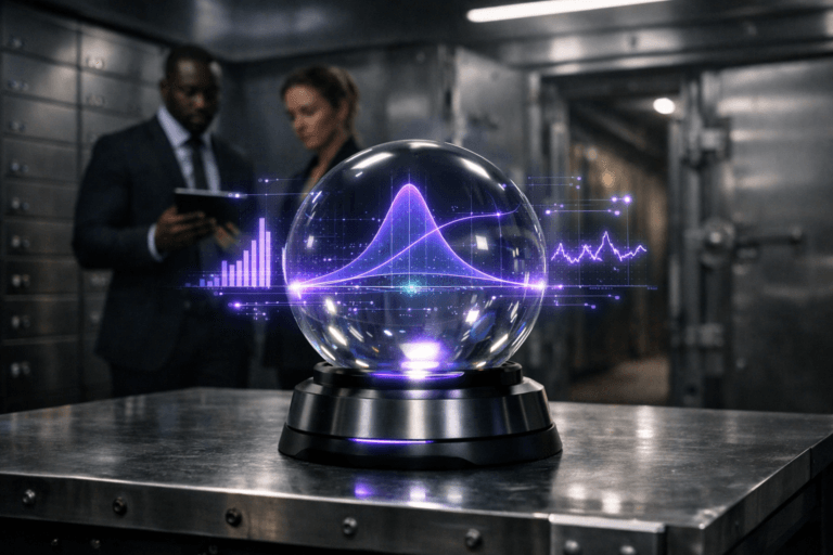 A photorealistic medium-wide cinematic shot, camera positioned approximately 1–2 meters from the subject, capturing a futuristic crystal-ball-like predictive analytics device as the hero object — a polished, transparent glass sphere mounted on a sleek matte-black and brushed-steel base on a heavy steel vault table, projecting clean, semi-transparent holographic graphs, probability curves, and data streams in the air above it, all clearly readable within a realistic environment. The object integrates subtle electric-purple #7B63FF accents glowing from within the sphere and tracing along key lines in the holographic charts, indicating intelligence and activity without overpowering realism. Set in the interior of a modern high-security bank vault with thick brushed stainless-steel walls, rows of numbered safe deposit boxes, and a massive reinforced door slightly ajar revealing a dim corridor beyond, styled as a Tech-Noir environment with cool neutral corporate tones, metal reflections, and restrained neon highlights, with a diverse pair of realistic professionals in smart business attire in the background, softly out of focus as they review a tablet and the projections from a distance. Lighting is low-key and practical, coming from discrete ceiling strip lights, subtle reflections off the steel walls, and the gentle glow of the holograms, complemented by a soft integrated white spotlight from above and slightly to the side, gently revealing the sphere’s curvature, the metal textures, and the depth of the vault. Cinematic realism, 35mm lens look, natural shallow-to-medium depth of field, premium materials, ultra-detailed, 8K, no text, no captions, no watermarks.