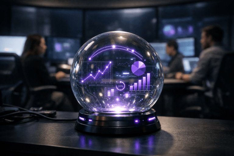 A photorealistic medium-wide cinematic shot, camera positioned approximately 1–2 meters from the subject, capturing a sleek, transparent crystal-ball-like predictive analytics device resting on a dark matte control-desk surface, its glass subtly etched with fine circuit patterns and projecting soft holographic graphs, probability arcs, and dashboards into the air with restrained electric-purple #7B63FF data accents, clearly readable as the hero object within a realistic environment. The object integrates subtle electric-purple accents indicating intelligence or activity without overpowering realism. Set in a dim, high-end marketing operations control room in the evening, with a curved wall of large, mostly black monitors in the background catching faint reflections, a few screens showing abstract, out-of-focus data visualizations without legible text, and a small, diverse team of marketing professionals in business-casual attire working at their stations in soft focus around the periphery, adding believable human presence and a grounded Tech-Noir atmosphere, with ergonomic chairs, cables, and neatly arranged workstations providing lived-in detail. Lighting is low-key and practical, coming from the ambient glow of the dark monitors and a few desk lamps, complemented by a soft integrated white spotlight from above or the side, gently revealing form, texture, and depth on the crystal surface, holograms, and desktop. Cinematic realism, natural depth of field, 35mm lens look, premium materials, ultra-detailed, 8K, no captions, no text overlays, no watermarks.