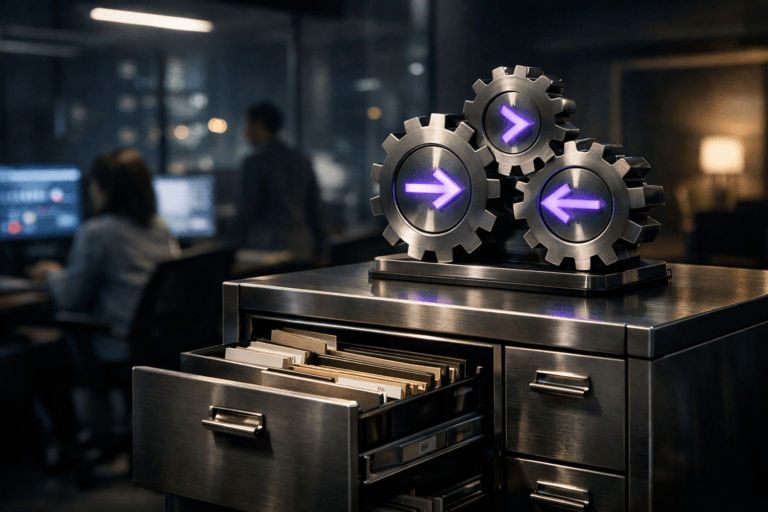 A photorealistic medium-wide cinematic shot, camera positioned approximately 1–2 meters from the subject, capturing a sleek steel filing cabinet with several drawers slightly open, neatly organized folders with small, mostly unreadable labels visible, and on its top a compact, physically engineered sculpture of interlocking brushed-metal gears with embedded LED directional arrows in subtle electric purple #7B63FF, clearly readable within a realistic environment. The object integrates subtle electric-purple accents indicating intelligence or activity without overpowering realism, the softly glowing arrows pointing toward the partially open drawers as if recommending specific actions on the stored information. Set in a dimly lit modern corporate marketing analytics office at night in a Tech-Noir mood, with rows of workstations and large monitors showing softly blurred dashboards and charts in the background, glass walls hinting at a cityscape beyond, and natural human presence in the background or periphery as a few diverse data and marketing professionals work at their screens or walk past, slightly out of focus. Lighting is low-key and practical, coming from computer screens, a distant city window and a minimalist ceiling fixture, complemented by a soft integrated white spotlight from above and slightly to the side, gently revealing form, texture, and depth in the gears, metal cabinet surfaces, and paper edges, with subtle reflections on the brushed steel and acrylic details. Cinematic realism, natural shallow-to-medium depth of field, neutral corporate color palette with restrained neon blue and electric-purple #7B63FF accents, premium materials, ultra-detailed, 8K, no captions, no text overlays, no watermarks, no visible brand logos.