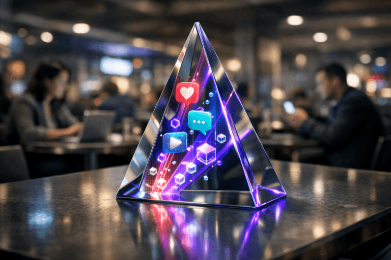 A photorealistic medium-wide cinematic shot, camera positioned approximately 1–2 meters from the subject, capturing a precision-cut glass prism as the hero object, standing on a sleek, slightly reflective food court table, the prism refracting abstract yet familiar social media–style icons (speech bubbles, hearts, play buttons) into finely detailed, colorful streams of data and clean 3D isometric-style geometric patterns, clearly readable within a realistic environment. The object integrates subtle electric-purple (#7B63FF) accents glowing within the refracted data streams and along the prism edges, indicating intelligence and digital activity without overpowering realism. Set in a contemporary indoor shopping-mall food court at night with a refined tech-noir mood, cool ambient lighting and soft neon reflections on metal and glass surfaces, with diverse professionals in the softly blurred background seated at nearby tables with laptops and smartphones, engaged in quiet conversation and casual work, providing natural human presence in the periphery without stealing focus. Lighting is low-key and practical, coming from overhead mall fixtures, laptop and phone screens, and distant signage, complemented by a soft integrated white spotlight from above and slightly to the side of the prism, gently revealing form, texture, and depth on the glass and tabletop. Cinematic realism, 35mm lens look, natural shallow-to-medium depth of field, neutral corporate color palette with restrained electric-purple accents, premium materials, ultra-detailed, 8K, no captions, no text overlays, no watermarks.