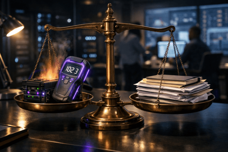 A photorealistic medium-wide cinematic shot, camera positioned approximately 1–2 meters from the subject, capturing an old but perfectly maintained brass balance scale on a sleek dark analytics desk, with one pan holding a compact overheated server module studded with tiny status LEDs and cooling fins while an industrial digital thermometer presses against its hot metal surface, its screen and rugged body clearly readable, and the opposite pan filled with neatly stacked paper documents, notebooks, and schematic printouts representing business requirements. The object integrates subtle electric-purple #7B63FF accents as a soft glow along the thermometer’s seams, a few server LEDs, and delicate reflections on the brass, suggesting intelligent analysis and activity without overpowering realism. Set in a contemporary tech-noir data operations war room at night, within a glass-walled corporate office, surrounded by softly lit server racks and distant wall-mounted analytics dashboards on large monitors, with a few diverse data professionals in the softly blurred background collaborating around screens and whiteboards, adding natural human presence without stealing focus. Lighting is low-key and practical, coming from monitors, server LEDs, and a single desk lamp, complemented by a soft integrated white spotlight from the side that gently reveals the brass patina of the scale, the matte plastics of the thermometer, and the brushed metal of the server, casting nuanced shadows and reflections across the desk. Cinematic realism, natural shallow-to-medium depth of field that keeps the scale, server, and thermometer tack-sharp while the background falls softly out of focus, neutral corporate tones with restrained neon purple accents, premium materials, ultra-detailed, 8K, no text, no captions, no watermarks.
