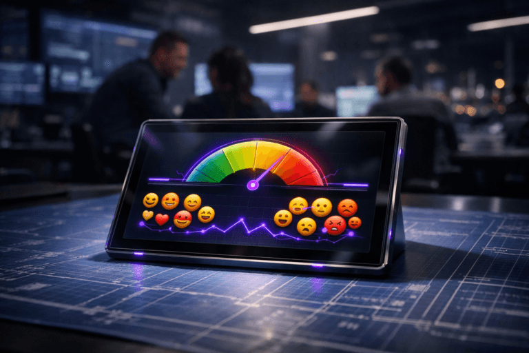 A photorealistic medium-wide cinematic shot, camera positioned approximately 1–2 meters from the subject, capturing a sleek tablet-sized glass dashboard device resting on a large blue grid-paper blueprint spread flat across a conference table, its screen clearly displaying a bright multicolored emotion-scale gauge and clusters of expressive emoji-style reaction icons as part of a sophisticated sentiment-analysis interface, all clean and legible within a realistic environment. The device and key UI elements integrate subtle electric-purple #7B63FF accents along chart lines, edge glows, and indicator pulses, suggesting intelligent real-time activity without overpowering realism. Set in a dark, tech-noir digital war-room style CX command center, with the blueprint-covered table dominating the foreground and a softly blurred, diverse group of professionals collaborating around other workstations in the background, surrounded by large wall-mounted screens and distant city lights glowing through glass windows. Lighting is low-key and practical, coming from the dashboard screen, nearby monitors, and a few overhead linear LED fixtures, complemented by a soft integrated white spotlight from above that gently reveals the fine texture of the blueprint paper, the brushed-metal edges of the device, and subtle reflections on the tabletop, enhancing form, contrast, and depth. Cinematic realism, neutral corporate tones with restrained neon accents, natural shallow-to-medium depth of field, premium materials, ultra-detailed, 8K, no captions, no text overlays, no watermarks.