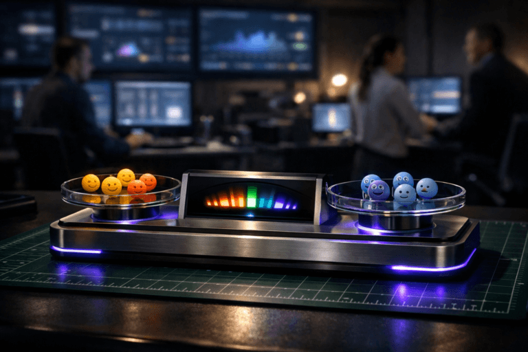 A photorealistic medium-wide cinematic shot, camera positioned approximately 1–2 meters from the subject, capturing a sleek tabletop AI sentiment-analysis console designed as a premium glass-and-brushed-metal emotion scale resting on a green cutting mat with precise white measurement grid lines on a dark operations desk. The hero object has two shallow glass plates holding small 3D emoji tokens in warm and cool colors, a central digital gauge with abstract glowing indicators (no readable numbers or text), and subtle electric-purple (#7B63FF) light accents running along its edges and beneath the glass, suggesting intelligent, real-time emotional measurement without overpowering realism. The object integrates subtle electric-purple accents indicating intelligence or activity without overpowering realism. Set in a tech-noir CX control room at night, with a wall of large monitors in the background softly displaying blurred dashboards, sentiment graphs, and data visualizations, plus a small, diverse team of CX analysts and product managers in professional attire working at standing desks and consoles, naturally candid and slightly out of focus. Lighting is low-key and practical, coming from the glow of the monitors, a few desk lamps, and a soft integrated white spotlight from above and slightly to the side that gently reveals the console’s form, glass reflections, metal textures, and the cutting mat’s grid, adding depth and subtle shadows. Cinematic realism, natural depth of field, premium materials, neutral corporate tones with restrained blue and electric-purple neon accents, ultra-detailed, 8K, no captions, no text overlays, no watermarks.