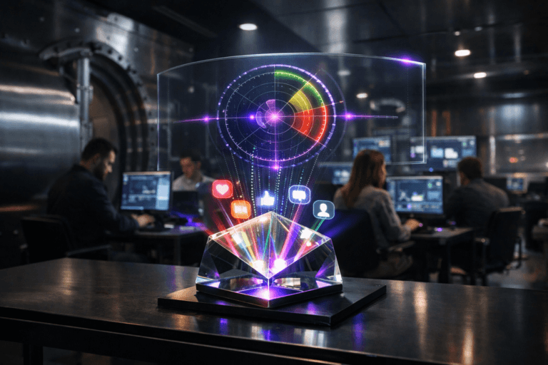 A photorealistic medium-wide cinematic shot, camera positioned approximately 1–2 meters from the subject, capturing a solid glass prism about the size of a desktop speaker, resting on a sleek black metal analytics table, refracting converging beams of colored light that resolve into translucent, generic social media icons and fine streams of numeric data hovering just above its surface, all feeding into a curved transparent dashboard screen that visualizes an abstract circular sentiment radar chart, clearly readable within a realistic environment. The object integrates subtle electric-purple accents indicating intelligence or activity without overpowering realism. Set in an ultra-modern social media sentiment analysis war room built inside a high-security bank vault, with massive stainless-steel walls and a partially open vault door, cool brushed metal surfaces catching restrained neon reflections, rows of dimly lit workstations and wall-mounted dashboards stretching into the background, a small diverse team of analysts in business-casual attire focused on their screens, with natural human presence in the background or periphery. Lighting is low-key and practical, coming from monitor glow, small ceiling fixtures, and a few accent LEDs, complemented by a soft integrated white spotlight from above and slightly to the side, gently revealing form, texture, and depth on the prism, table, and steel walls. Cinematic realism, natural depth of field, premium materials, ultra-detailed, 8K, no text, no UI labels, no watermarks.