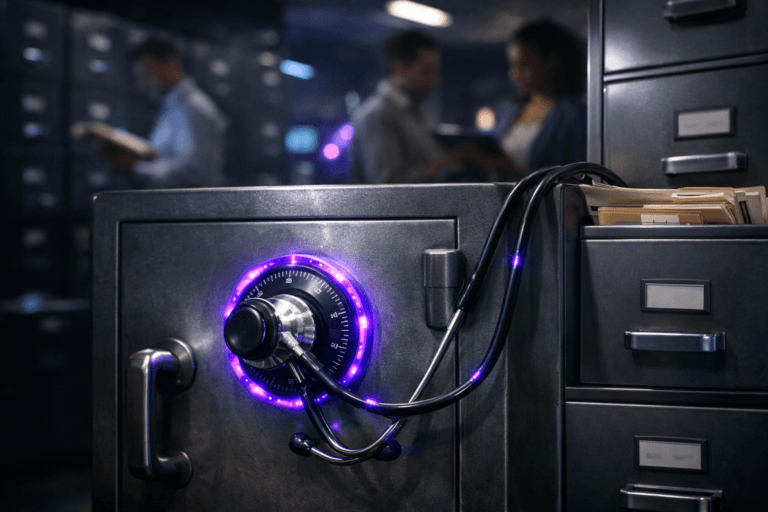 A photorealistic medium-wide cinematic shot, camera positioned approximately 1–2 meters from the subject, capturing a sturdy matte-steel safe on the floor beside a tall steel filing cabinet, with a realistic black medical stethoscope carefully pressed against the safe’s combination dial, its tubing draped naturally over the cabinet edge, all clearly readable within a realistic environment. The object integrates subtle electric-purple accents indicating intelligence or activity without overpowering realism, with a faint electric-purple (#7B63FF) LED halo around the dial and a soft pulse of the same color subtly tracing along the stethoscope tubing. Set in a dimly lit corporate records room with rows of steel filing cabinets, some drawers slightly open to reveal neatly ordered folders with small visible labels on their tabs, tiny and illegible, distant computer monitors casting cool blue and purple tech-noir reflections across the metal surfaces, and a few diverse office professionals in business-casual attire moving in the background, softly out of focus as they consult folders and a tablet, providing natural human presence in the periphery. Lighting is low-key and practical, coming from overhead fixtures and a nearby monitor, complemented by a soft integrated white spotlight from the side that highlights the metal textures of the safe, stethoscope, and cabinet, gently revealing form, texture, and depth. Cinematic realism, natural depth of field, premium materials, ultra-detailed, 8K, no captions, no text overlays, no logos, no watermarks.