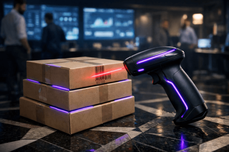 A photorealistic medium-wide cinematic shot, camera positioned approximately 1–2 meters from the subject, capturing a sleek handheld laser barcode scanner actively reading a neatly stacked pile of pristine shipping boxes on a complex geometric mosaic floor, clearly readable within a realistic environment. The scanner and box edges feature subtle electric-purple (#7B63FF) accent LEDs and reflections, hinting at intelligent, real-time data capture without overpowering realism. Set in a dimly lit, high-tech logistics and analytics war room at night, with a polished dark floor inlaid with geometric mosaic patterns, large wall-mounted screens in the background softly out of focus showing abstracted analytics dashboards and graphs, and a few diverse professionals in smart-casual attire standing or walking in the periphery, candidly focused on the screens and workstations. Lighting is low-key and practical, coming from the glow of the wall displays, a few overhead fixtures, and a soft integrated white spotlight from the side that gently sculpts the scanner and boxes, revealing precise form, texture, and depth while casting clean shadows on the mosaic floor. Subtle Tech-Noir atmosphere with cool neutral corporate tones, controlled neon purple highlights, and hints of teal in the ambient light, shot with a 35mm–50mm photographic look, natural shallow-to-medium depth of field, cinematic realism, premium materials, ultra-detailed, 8K, no captions, no text overlays, no watermarks.