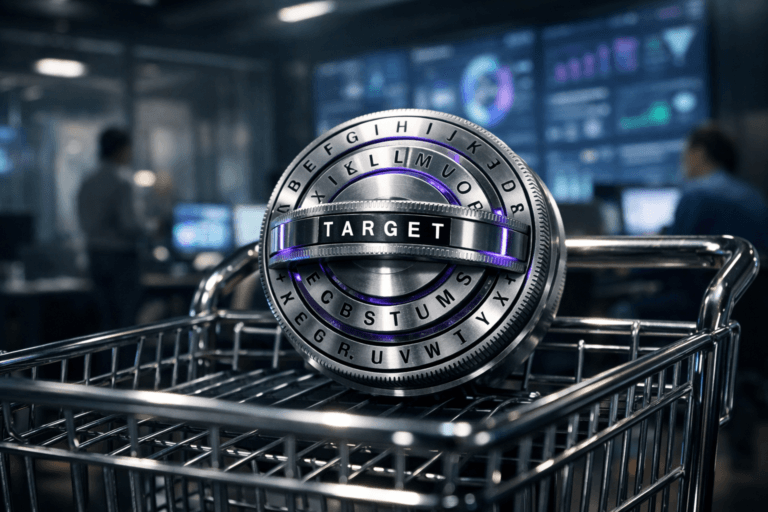 A photorealistic medium-wide cinematic shot, camera positioned approximately 1–2 meters from the subject, capturing a polished metal secret-decoder cipher wheel resting on the top rack of a chrome wire shopping cart, its concentric alphabet rings precisely aligned to form a clear word, engineered like a high-end analytical instrument with engraved letters and tactile knurled edges, clearly readable within a realistic environment. The object integrates subtle electric-purple (#7B63FF) accents in fine indicator lines and a faint internal glow between the rings, suggesting intelligence and data activity without overpowering realism. Set in a dimly lit corporate social media analytics war room inside a modern glass-walled office, with floor-to-ceiling screens in the background showing abstract, unfocused social media dashboards, graphs, and ROI funnels, sleek desks with multiple monitors, and a few diverse marketing analysts and data specialists working and walking naturally in soft focus at the periphery. Lighting is low-key and practical, coming from the cool glow of the dashboard screens, muted overhead panels, and a soft integrated white spotlight from above that grazes the cipher wheel and shopping cart, gently revealing brushed metal, chrome reflections, and fine surface detail while allowing the background to fall slightly into shadow. Cinematic realism with a subtle Tech-Noir mood, neutral corporate tones with restrained electric-purple neon reflections, natural shallow-to-medium depth of field, premium materials, ultra-detailed, 8K, no captions, no text overlays, no watermarks.
