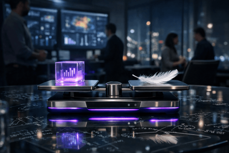A photorealistic medium-wide cinematic shot, camera positioned approximately 1–2 meters from the subject, capturing a high-end precision lab scale on a sleek glass meeting-table surface, carefully weighing a translucent glass “data cube” etched with tiny charts and pixel-like patterns on one side against a delicate white feather on the other, both clearly readable and in crisp focus within a realistic environment. The object integrates subtle electric-purple (#7B63FF) accents, with a faint electric-purple glow pulsing inside the data cube and a slim purple LED line along the scale’s base, indicating intelligence and activity without overpowering realism. Set in a night-time tech-noir product-analytics “war room” meeting space inside a modern corporate office, with the glass tabletop covered in handwritten mathematical formulas, metrics and diagrams drawn in white marker, and a background of softly blurred wall-mounted screens showing complex product analytics dashboards and heatmaps, plus a glass wall revealing a cool-toned city skyline with scattered neon lights. Natural human presence appears in the background and periphery: a small, diverse group of professionals in smart-casual attire standing and seated around the room, reviewing screens and discussing data with candid, neutral expressions, always secondary to the scale and its weighed objects. Lighting is low-key and practical, coming from the glow of the analytics screens, the ambient city light through the glass wall, and a soft integrated white spotlight from above and slightly to the side that gently reveals the form, texture and subtle reflections on the glass table, the scale and the cube. Cinematic realism, natural shallow-to-medium depth of field, premium materials, subtle cool corporate color palette with restrained neon purple accents, ultra-detailed, 8K, no text overlays, no watermarks.