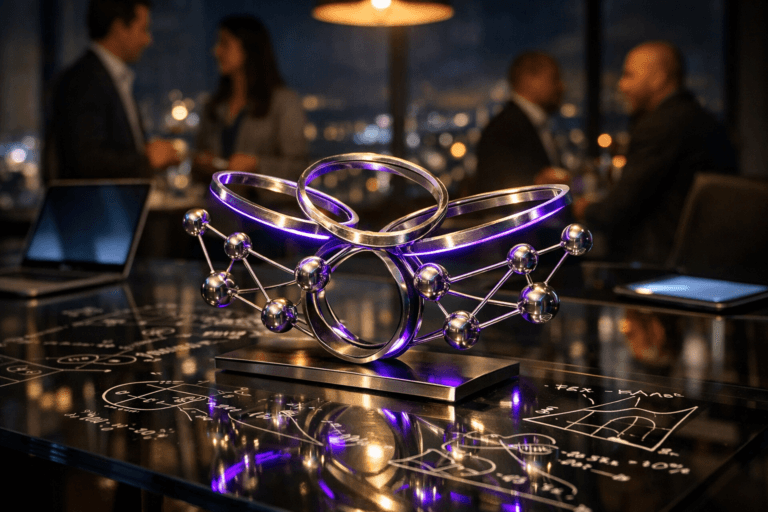 A photorealistic medium-wide cinematic shot, camera positioned approximately 1–2 meters from the subject, capturing a stylized yet realistic desk-size metal-and-glass sculpture representing angel investors — interlocking circular halos and node-like spheres forming a small network, subtly evoking angel wings — resting on a transparent glass conference table covered with hand-drawn financial formulas and diagrams in white marker, clearly readable as formulas from a short distance within a realistic environment. The object integrates subtle electric-purple (#7B63FF) edge lighting and internal reflections indicating intelligence or activity without overpowering realism. Set in a dimly lit modern corporate meeting room at night with floor-to-ceiling windows revealing a soft-focus Latin American city skyline, laptop screens and tablets glowing softly on the table, and a few diverse, professionally dressed founders and investors in the background engaged in candid conversation, slightly out of focus, providing natural human presence in the periphery. Lighting is low-key and practical, coming from laptop screens, a warm pendant lamp above the table, and city lights, complemented by a soft integrated white spotlight from above and slightly to the side, gently revealing form, texture, and depth on the sculpture, the glass surface, and the white-marker formulas. Cinematic photographic realism, natural shallow-to-medium depth of field, premium materials, subtle Tech-Noir mood with neutral corporate tones and restrained electric-purple neon accents, ultra-detailed, 8K, no captions, no on-screen text, no watermarks.