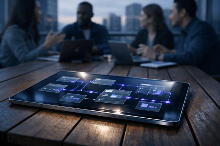 A photorealistic medium-wide cinematic shot, 35mm lens, camera positioned approximately 1–2 meters from the subject, capturing a sleek, thin, glass-like tablet resting on a refined wooden outdoor table on a rooftop deck, its surface showing a clean, structured interface made of softly glowing interconnected panels and nodes arranged in a smooth, logical flow, symbolizing ethical UX decisions, transparent journeys and the elimination of dark patterns, clearly readable within a realistic environment. The object integrates subtle electric-purple (#7B63FF) accents along connection lines and key interface elements, suggesting intelligent analysis and governance without overpowering realism, with the rest of the device in brushed metal and glass tones. Set in a modern corporate rooftop terrace with wooden decking in cool early-morning light, city skyline in the background, a small diverse group of UX and product professionals slightly out of focus around the table, gesturing naturally as if discussing flows and audits, laptops and notebooks open but secondary to the hero tablet. Lighting is low-key and practical, mixing soft ambient morning daylight with the cool glow of screens and a gentle, integrated white spotlight from the upper side, subtly highlighting the tablet’s surface, reflections, and the smooth grain of the wood, creating a restrained Tech-Noir mood with neutral greys, deep blues and minimal electric-purple accents. Cinematic realism, natural shallow-to-medium depth of field, premium materials, ultra-detailed, 8K, no text, no captions, no watermarks.