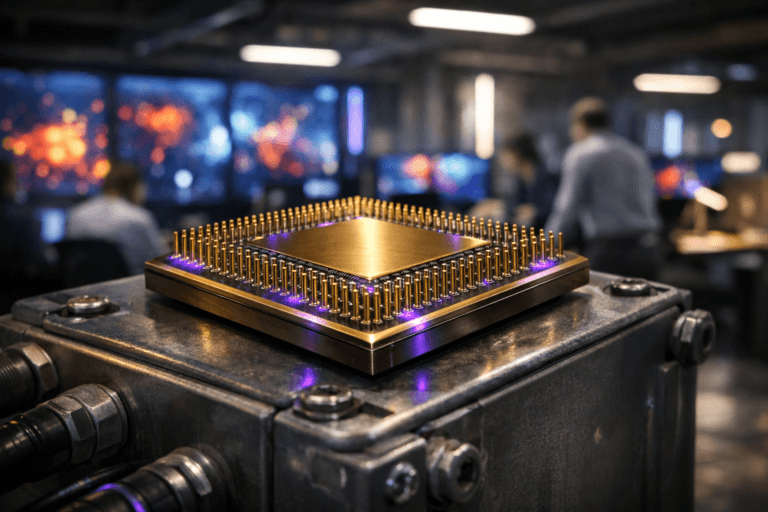 A photorealistic medium-wide cinematic shot, camera positioned approximately 1–2 meters from the subject, capturing a refined golden processor chip (CPU) with detailed pins facing upward, resting solidly on top of an industrial gray electrical distribution box, the chip treated as a hero object symbolizing digital anthropology and cultural insight mapping, its metallic surface and pins crisply in focus and clearly readable within a realistic environment. The object integrates subtle electric-purple (#7B63FF) accents indicating intelligence or activity without overpowering realism, seen as a faint internal glow along tiny etched circuit lines and a soft reflective tint on its chamfered edges. Set in a real-world Tech-Noir environment resembling a late-night marketing data lab inside a modern office: concrete floor, exposed ceiling pipes, and a wall of large monitors and vertical LED panels in the background showing abstracted, defocused heatmap-like visualizations of social networks and community clusters, with diverse analysts in business-casual attire moving and collaborating around desks and workstations, softly blurred by depth of field so the CPU remains the clear focal point. Lighting is low-key and practical, coming from overhead industrial fixtures, the glow of screens, and a few desk lamps, complemented by a soft integrated white spotlight from above and slightly to the side of the chip, gently revealing the texture of the gold contacts, brushed metal surfaces of the electrical box, and subtle reflections on nearby cables and conduit. Cinematic realism with a 50mm lens look, natural shallow-to-medium depth of field, neutral corporate tones with restrained electric-purple neon accents in ambient reflections and background light strips, premium materials, ultra-detailed, 8K, no captions, no text overlays, no watermarks.