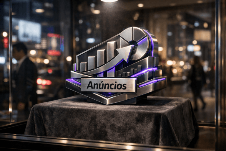 A photorealistic medium-wide cinematic shot, camera positioned approximately 1–2 meters from the subject, capturing a premium 3D isometric sculptural version of the Anúncios brand logo as the hero object, built as a solid metal-and-glass object with clean edges and subtle integrated iconography of charts and data flows, the official Anúncios logo clearly visible on its front surface, resting on a deep charcoal velvet pedestal inside a high-end storefront display, clearly readable within a realistic environment. The object integrates subtle electric-purple (#7B63FF) accents glowing softly from edge inlays and between geometric layers, suggesting intelligent ad optimization and live dashboards without overpowering realism. Set in a nighttime tech-noir urban shopping street, viewed through the glass of the illuminated store window, with soft reflections of city lights and digital billboards, passing cars, and a few blurred, well-dressed pedestrians in the background and periphery, hinting at real human activity. Lighting is low-key and practical, coming from warm display spotlights inside the window and cool ambient city light outside, complemented by a soft integrated white spotlight from above that gently reveals the form, texture, and depth of the logo sculpture and velvet pedestal, with subtle screen-like reflections hinting at marketing dashboards. Cinematic realism, 35mm lens look, natural shallow-to-medium depth of field, neutral corporate color palette with restrained electric-purple neon accents, premium materials, ultra-detailed, 8K, no captions, no text overlays, no watermarks.