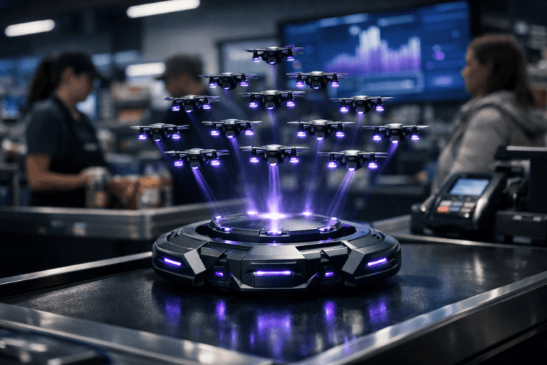 A photorealistic medium-wide cinematic shot, camera positioned approximately 1–2 meters from the subject, capturing a sleek central launch pad device on a supermarket checkout counter with a black conveyor belt, from which a coordinated swarm of small, real-world delivery drones is taking off in an advanced, organized formation, the compact drones and their hub clearly readable as the hero object within the scene, with subtle electric-purple (#7B63FF) LED accents and light trails on the drones and base indicating intelligence and high-tech activity without overpowering realism. The object integrates naturally into a late-night tech-noir supermarket environment, with cool neutral corporate lighting, glossy checkout surfaces, softly glowing payment terminals, and large digital screens in the background showing abstract analytics-style graphs and dashboards without any legible text. Set in a believable, lived-in grocery store checkout area, with a realistic cashier and diverse shoppers softly out of focus in the background and periphery, captured candidly and neutrally so they support but never compete with the main subject. Lighting is low-key and practical, coming from overhead supermarket fixtures, the checkout display, and the screens, complemented by a soft integrated white spotlight from the side that gently sculpts the drones, launch pad, and conveyor belt, revealing form, texture, and depth while preserving subtle shadows and contrast. Cinematic photographic realism with a subtle tech-noir mood, natural shallow-to-medium depth of field, 35mm–50mm lens look, premium materials, ultra-detailed surfaces and reflections, restrained neon purple and cool gray color palette, no captions, no text overlays, no watermarks, 8K.